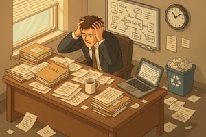 The image depicts a cluttered office space filled with legal documents scattered across a large wooden desk halfopen files stacked haphazardly and a laptop displaying multiple open tabs A frustrated lawyer dressed in business attire sits at the desk-1
