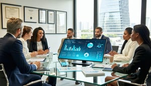 The image depicts a modern office environment filled with diverse legal professionals engaged in discussions around advanced digital technology In the foreground a group of lawyers sits around a sleek glass table reviewing a digital tablet displaying-1
