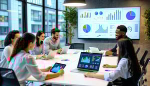The image depicts a modern sleek law office with large windows allowing natural light to flood the space In the foreground a group of diverse professionals including a woman of Asian descent and a Black man are engaged in a collaborative discussion a-1